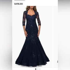 La Femme Midnight Blue Lace Long Sleeve Dress Item# 10629678